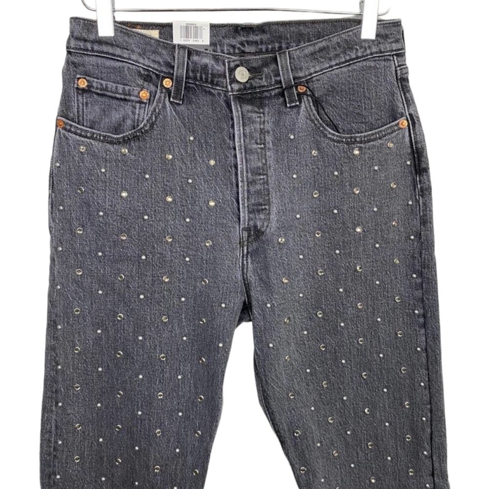 Levi's 501 Crystal Crop Jeans 28 Black Embellished High Rise Mom Jeans New NWT - Picture 4 of 8
